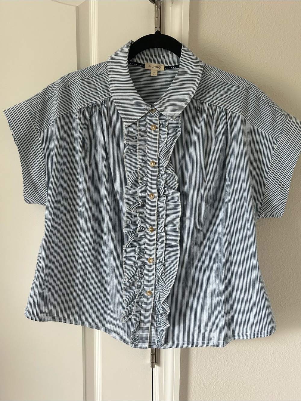 Anthropologie Pilcro Blue Striped Ruffle-Trim Button Front Shirt Top Blouse - Picture 12 of 12